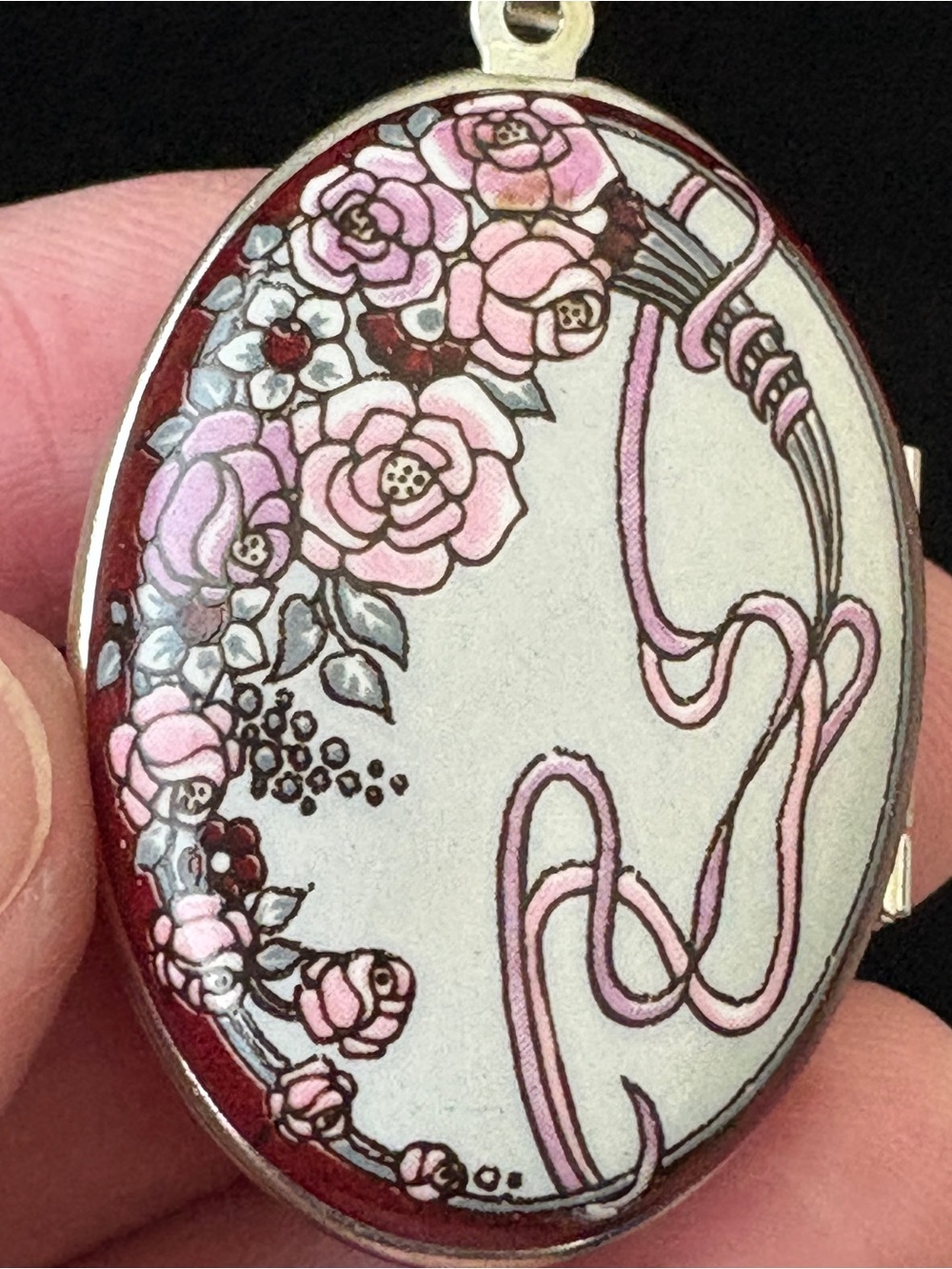 Michaela Frey Enamel Locket Necklace Art Nouveau Floral Design Pink Roses